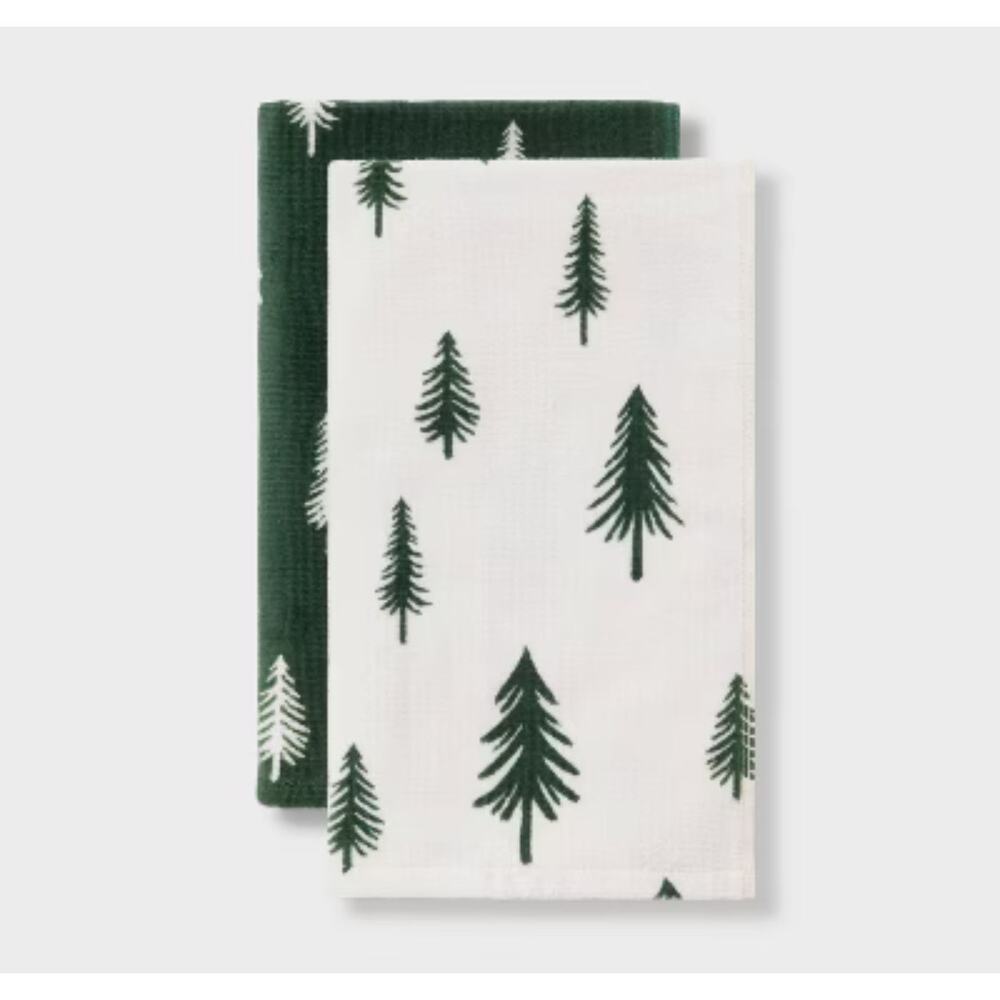 New 2 pk Wondershop Christmas Scattered Tree Forest Green & off White hand towel